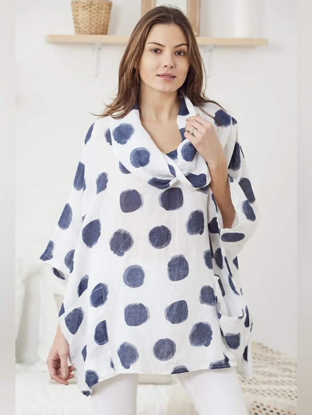 Bella Amore Made in Italy 100% Linen Polka Dot Cowl Neck Oversized Top S/M